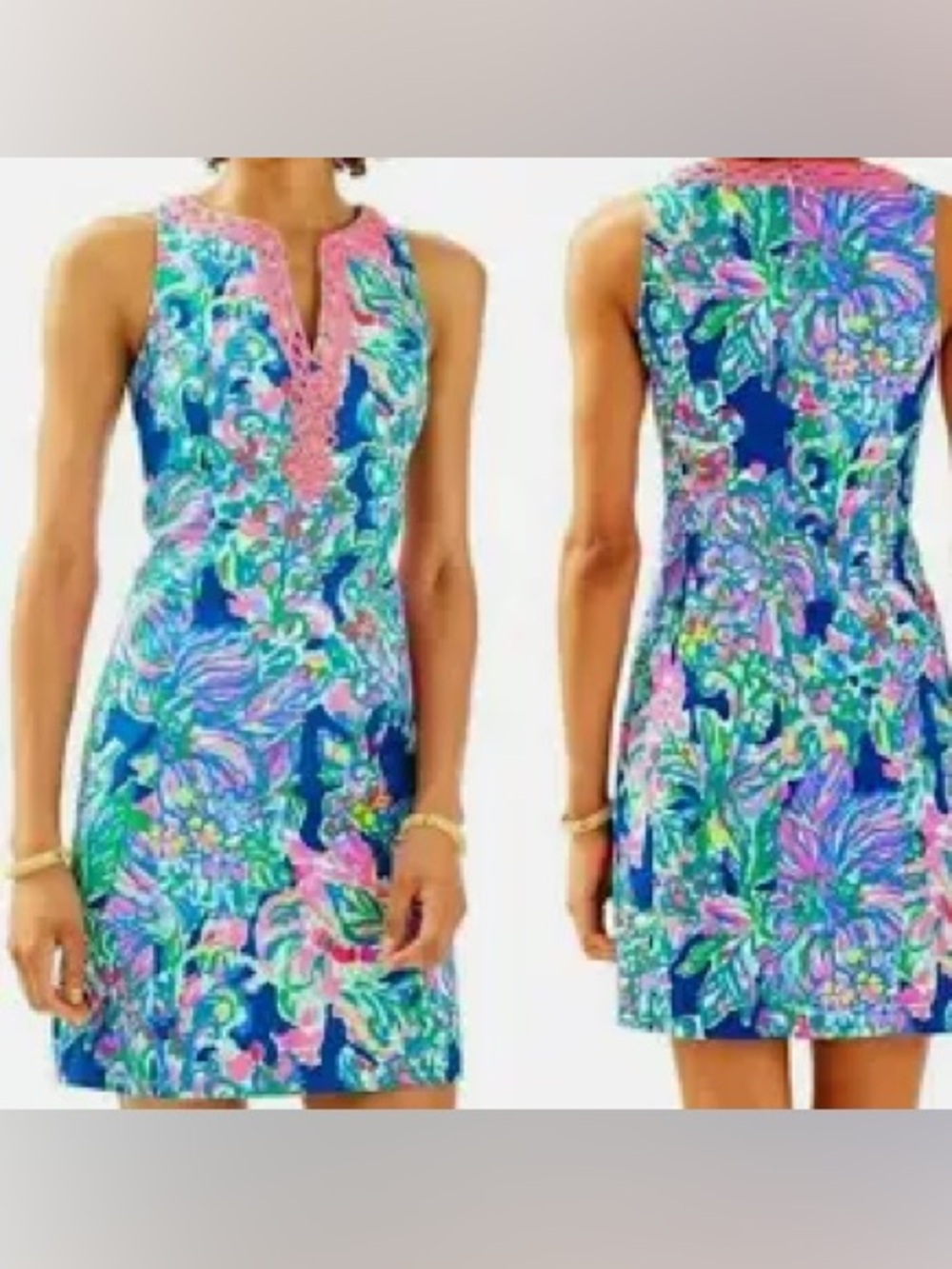 Lilly Pulitzer Neon Pink Trim Multicolor Floral midi dress.